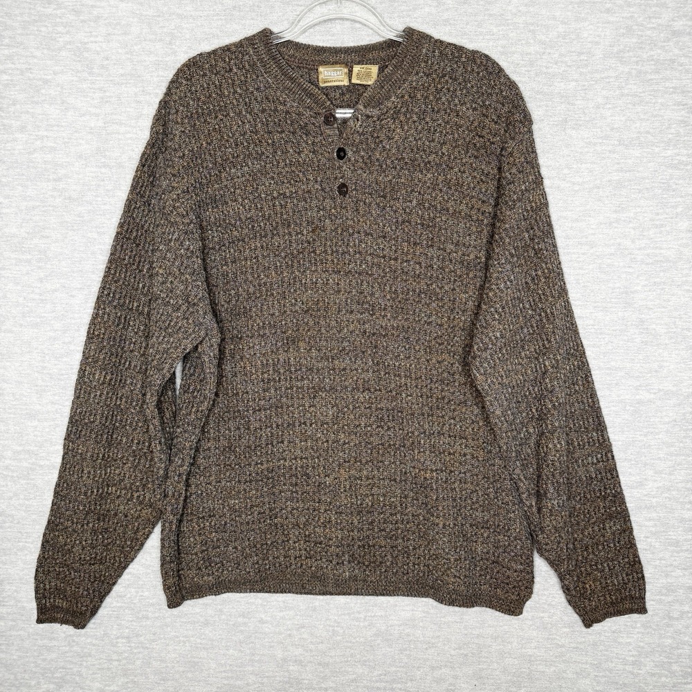 Vintage Haggar Mens Sweater Henley XXL Pullover Quarter Button Made in USA Brown